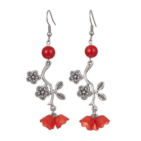 Natural Dyed Mashan Jade Flower with Acrylic Beaded Dangle Earrings