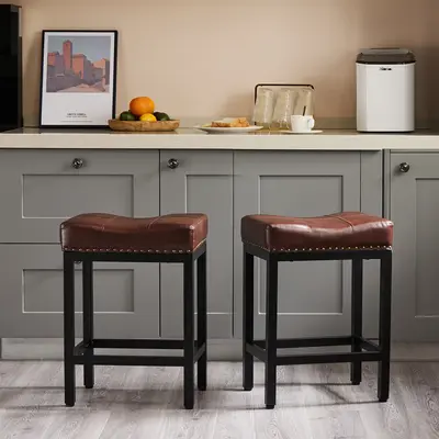 Bar Stools Set of 2, 24 inch Counter Height Bar Stools, Upholstered Modern Kitchen Barstools with Metal Base, PU Leather Sadd...