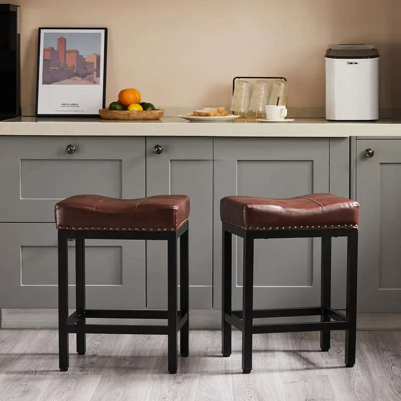 Bar Stools Set of 2, 24 inch Counter Height Bar Stools, Upholstered Modern Kitchen Barstools with Metal Base, PU Leather Sadd...