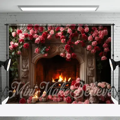 Retro Fireplace Pink Red Rose Photoshoot Backdrop - Aperturee