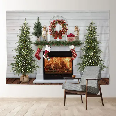 Aperturee White Fireplace Red Wreath Toy Christmas Backdrop