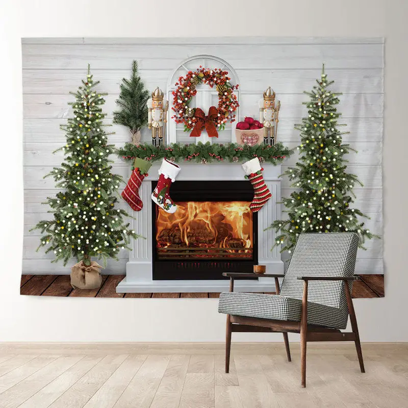 Aperturee White Fireplace Red Wreath Toy Christmas Backdrop