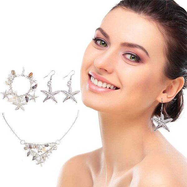 3 IN 1 Fashion Sea Shell Starfish Faux Pearl Collar Bib Statement Chunky Necklace Bracelet and Earrings Set in Gift Box (Plat...