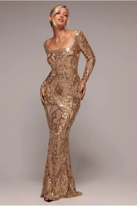 Goddiva Sequin Square Neck Maxi With Scallop Hem - Gold