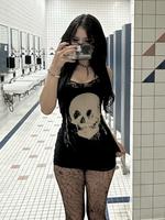 Women's Skull Print Contrast Lace Bodycon Cami Dress, Street Fashion Womenswear, Casual Fitted Sleeveless Spaghetti Strap Min...