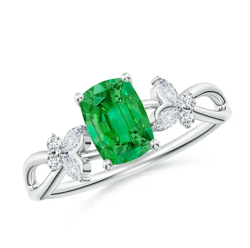 10K White Gold Cushion Cut Emerald & 0.1 CT.T.W. Diamond Engagement Band