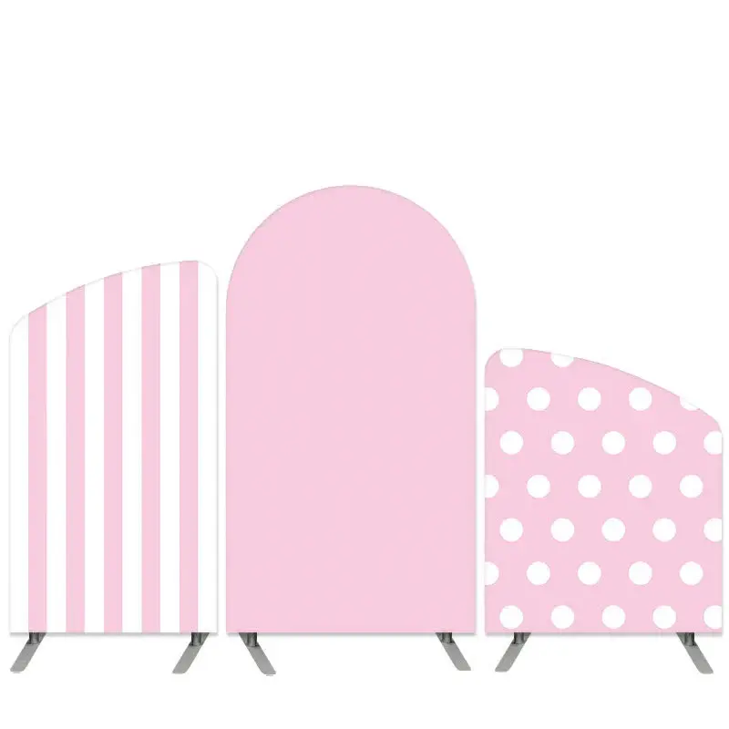 Aperturee Stripes And Dots Theme Pink White Arch Backdrop Kit | Round Arch Backdrop Cover | Custom Arched Wall Covers | Weddi...