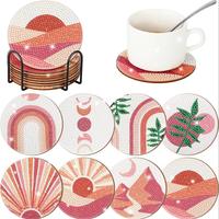 Pastel Color Sun Landscape Pattern DIY Diamond Arts Colorful Painting Coaster, 8pcs Cute Round Table Decorative Cup Mat with ...