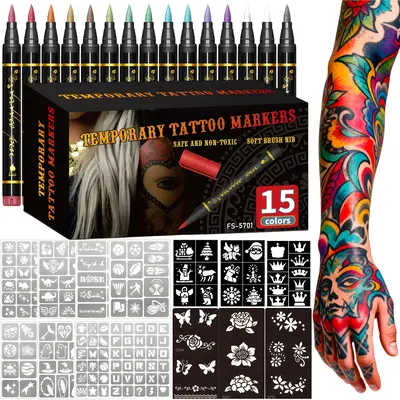 Temporary Tattoo Markers for Skin, 10/15 Colors Tattoo Pens, Flexible Brush Tip, Bright Colors, Halloween Makeup, Face Paint ...