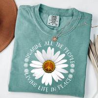 Comfort Colors Imagine Peace T-Shirt – Floral Daisy Peace Sign Tee, John Lennon Inspired, Retro Hippie Shirt, Boho Peace Qu...