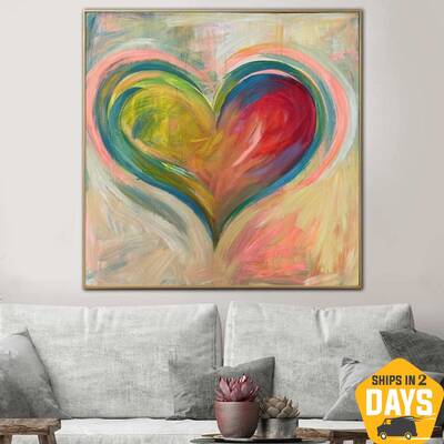 Abstract Heart Paintings On Canvas Colorful Romantic Painting Textured Hand Painted Art | ROMANTIC VALENTINE 40"x40"...