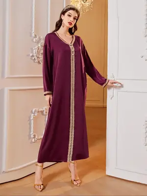 Women's Plain Embroidery Trim V Neck Long Sleeve Dress, Modest Elegant Long Dress for Daily Wear, Ladies Islamic Clothing for...