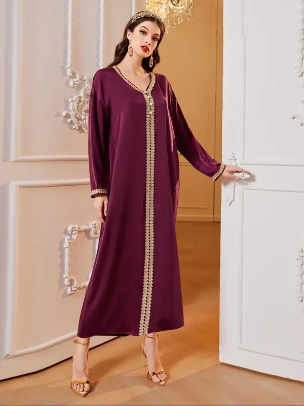 Women's Plain Embroidery Trim V Neck Long Sleeve Dress, Modest Elegant Long Dress for Daily Wear, Ladies Islamic Clothing for...