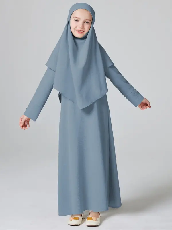 Muslim Girls Solid Color Hijab & Long Sleeve Dress Two-Piece Set, Modest Casual Long Sleeve Dress & Hijab Set, Kids Clothes f...