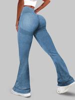 Women's Ruched Sports Leggings, Solid Color Flare Leg Yoga Pants, Compression Pants, Ladies Sportswear for Indoor Outdoor Wea...
