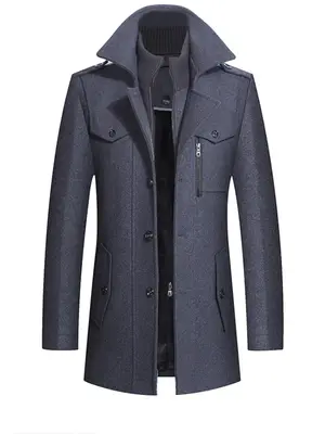 Men's Solid Color Button Front 2-in-1 Lapel Overcoat, Regular Fit Casual Long Sleeve Flap Pocket  Lapel Neckline Coat for Fal...