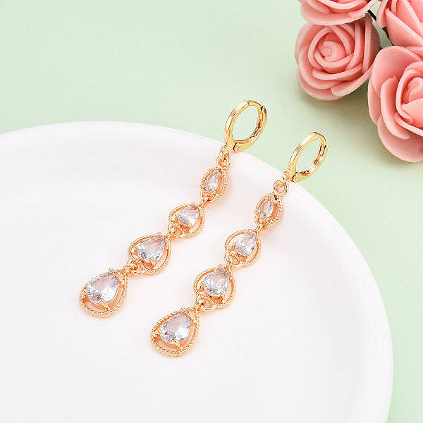 Teardrop Brass Micro Pave Cubic Zirconia Dangle Leverback Earrings