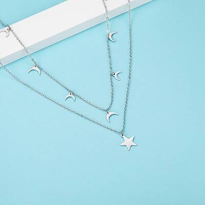 Elegant Double-layer Stainless Steel Moon Star Pendant Necklaces for Women