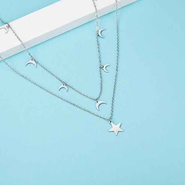 Elegant Double-layer Stainless Steel Moon Star Pendant Necklaces for Women