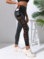 Women's High Waist Sports Tummy Control Tummy Control Leggings with Pocket, Solid Color Breathable Mesh Stitching Yoga Wear L...