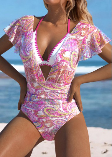 Modlily Tie Paisley Print One Piece Swimwear and Bra - L