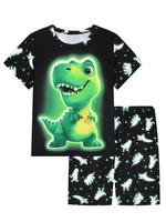 Boy's Dinosaur Print Crew Neck Tee & Elastic Waist Shorts Pajamas, Casual Comfy Round Neck Short Sleeve T-shirt & Shorts Pj S...