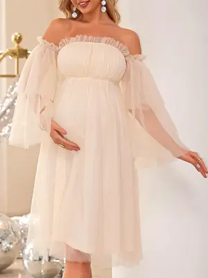 Women's Off Shoulder Frill Trim Sheer Tulle Maternity Dress, Elegant Flounce Sleeve A Line Dress for Party Wedding Guest, Mat...
