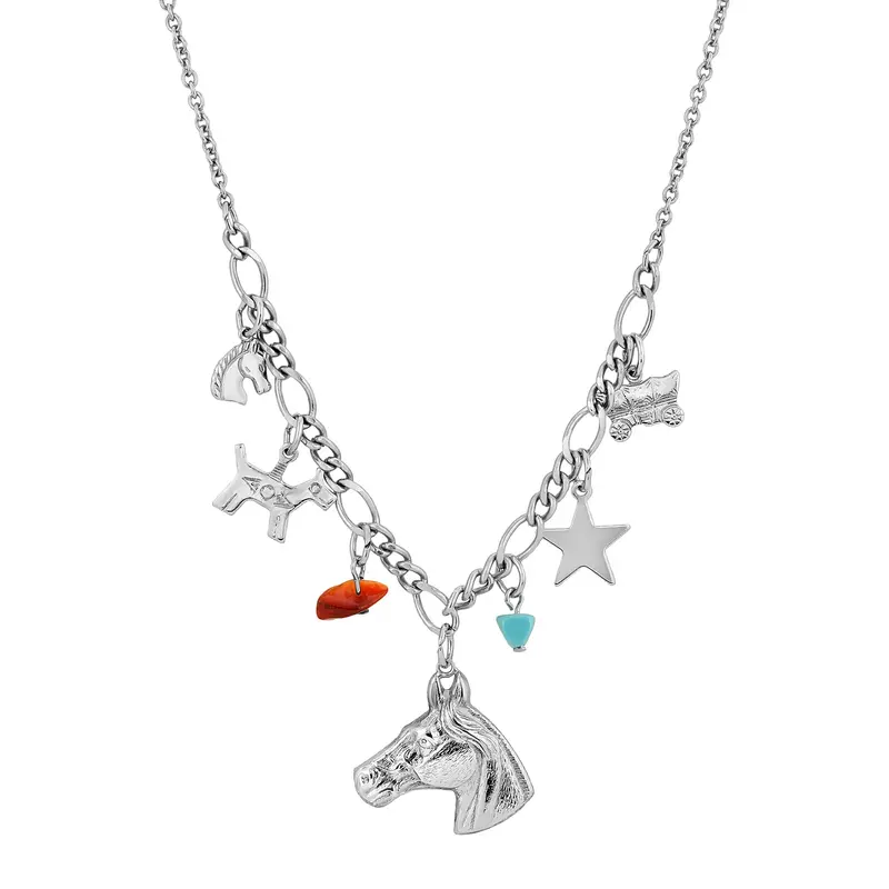 Silver-Tone Multi-Charm Horse Collar Necklace 16\