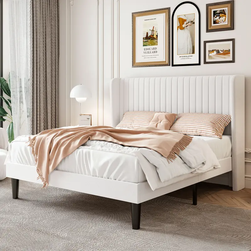 SHA CERLIN Velvet Bed Frame with Vertical Channel Tufted Wingback Headboard【Frame Only No Mattress】Upholstered Platform B...