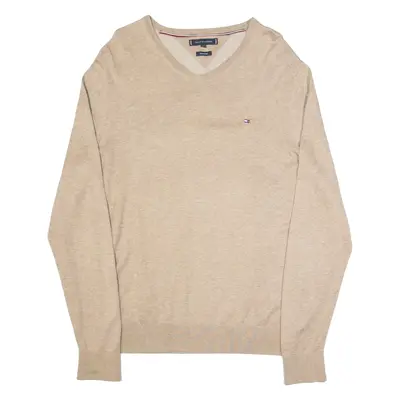 TOMMY HILFIGER Mens Jumper Beige V-Neck Tight Knit L