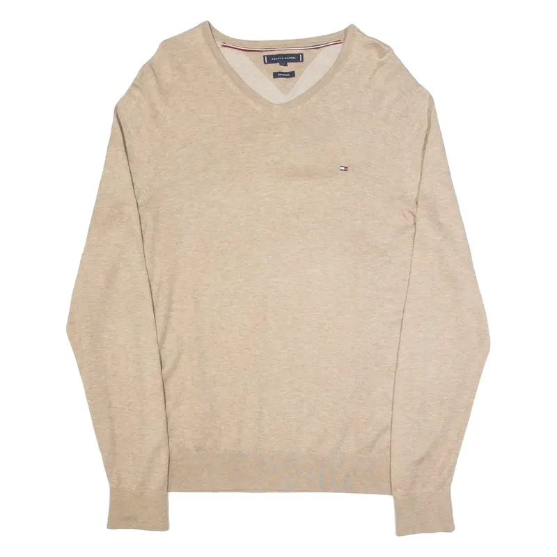 TOMMY HILFIGER Mens Jumper Beige V-Neck Tight Knit L