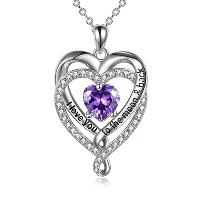 Sterling Silver Cubic Zirconia Birthstone Double Heart Pendant Engraving Necklace For Women