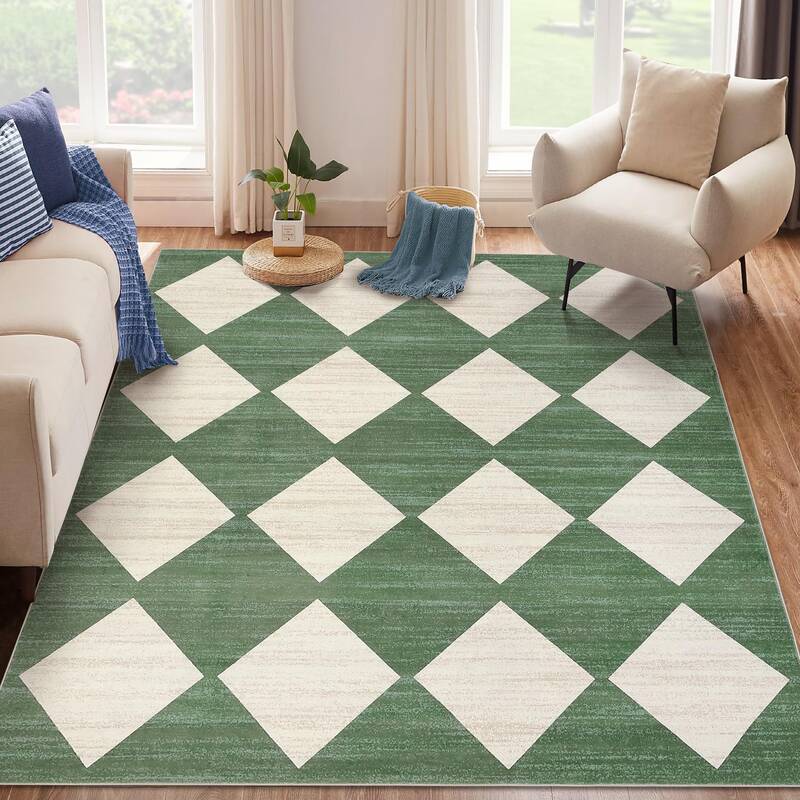 Garvee Plaid Green 10x13 Checkered Area Rug Non-Slip Soft Low Pile Polyester Machine Washable Durable Rubber Backing Living ...
