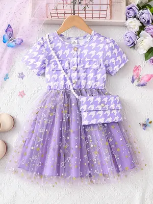 Girl's Houndstooth & Star PatternĀ Button Dress with Crossbody Bag, Elegant Short Sleeve A Line Dress with Crossbody Bag for ...