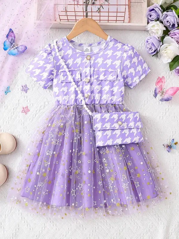 Girl's Houndstooth & Star Pattern Button Dress with Crossbody Bag, Elegant Short Sleeve A Line Dress with Crossbody Bag for ...