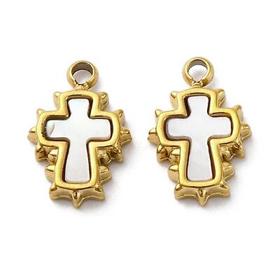 304 Stainless Steel Pave Natural White Shell Cross Charms