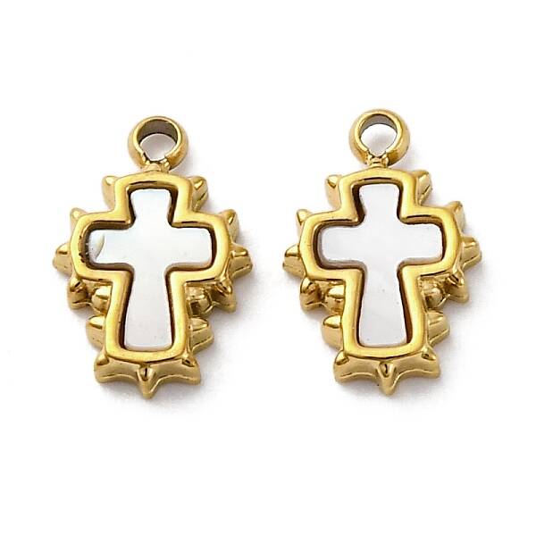 304 Stainless Steel Pave Natural White Shell Cross Charms