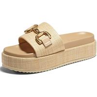 Coutgo Womens Platform Sandals Raffia Espadrilles Metal Chain Slip on Open Toe Cute Beach Slide Sandals