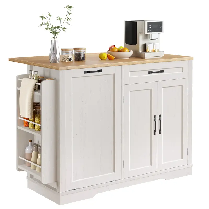 YITAHOME 50'' Rolling Kitchen Island w/Trash Can Storage Cabinet & Drop Leaf Island Table