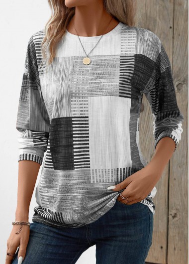 Modlily Grey Patchwork Geometric Print Long Sleeve T Shirt - L