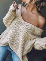 Women's Plain Drop Shoulder V Neck Sweater, Casual Trendy Long Sleeve Jumper for Spring & Fall, Fashion Women's Knitwear for ...