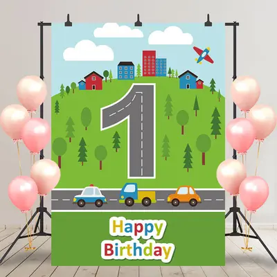 Green Grassland Forest Road Sky 1st Birthday Backdrop