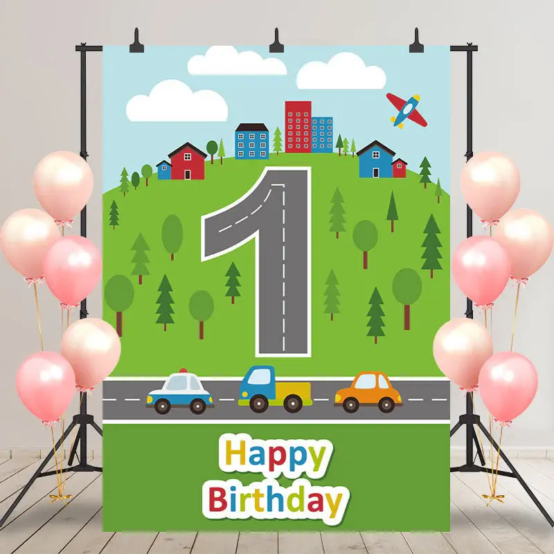 Green Grassland Forest Road Sky 1st Birthday Backdrop