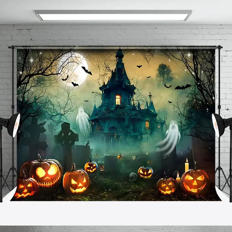 Aperturee Deserted Grave Manor Web Ghost Halloween Backdrop - Aperturee