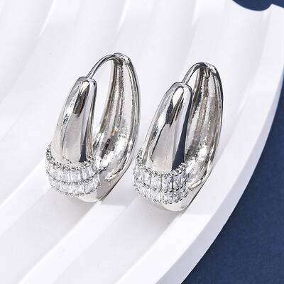 Oval Brass Micro Pave Clear Cubic Zirconia Hoop Earrings