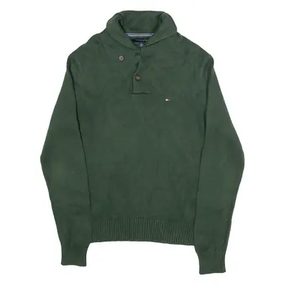 TOMMY HILFIGER Mens Jumper Green Button Neck Tight Knit M