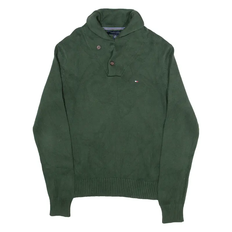 TOMMY HILFIGER Mens Jumper Green Button Neck Tight Knit M