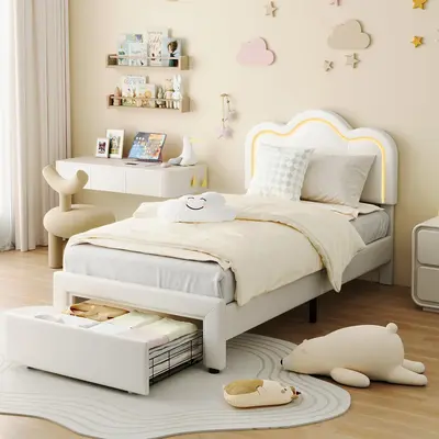 Garvee Twin Upholstered Smart LED Bed Frame with Adjustable Hill Headboard, Velvet Princess Platform Bed Frame for Kids/Girls...