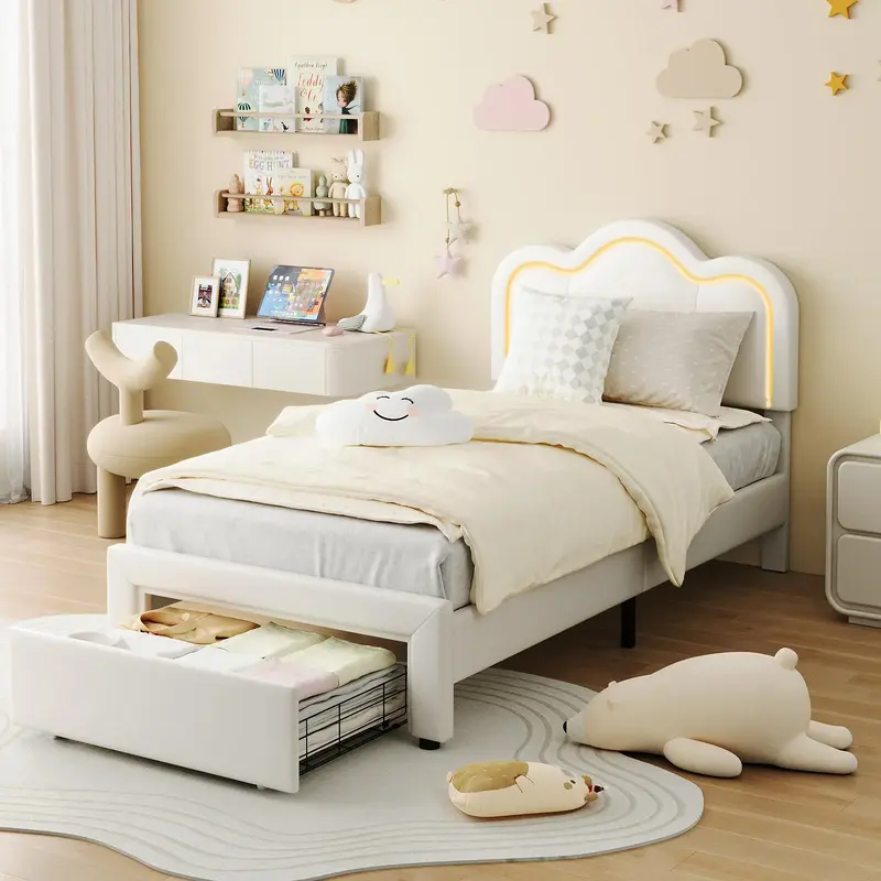 Garvee Twin Upholstered Smart LED Bed Frame with Adjustable Hill Headboard, Velvet Princess Platform Bed Frame for Kids/Girls...