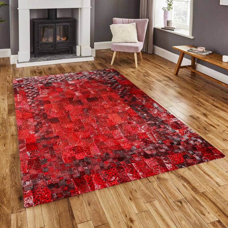 Red Leopard Print Genuine Leather Patchwork Rug